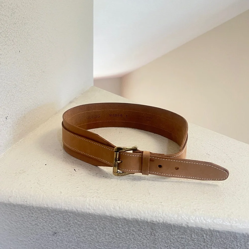 Guess tan leather wide‎ waist snatcher Belt Y2K boho women small retro western
